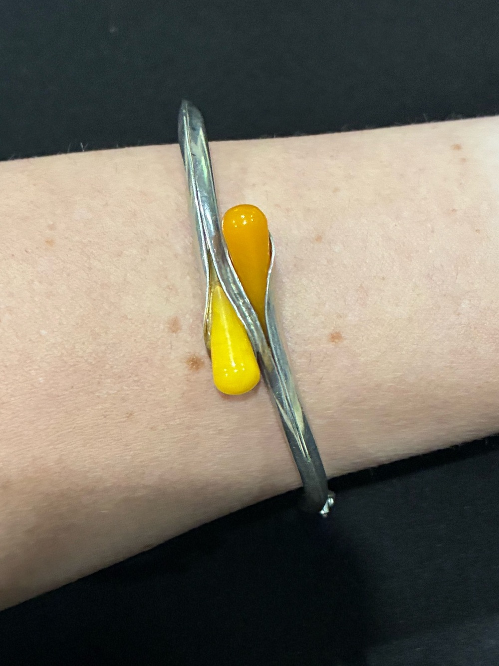Vintage Mid Century Butterscotch Amber Sterling Bypass Bangle Bracelet